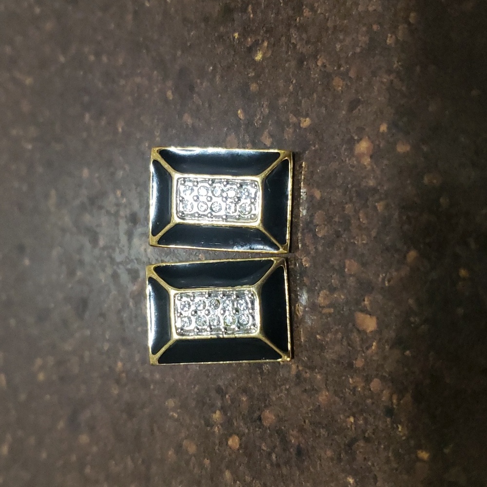Butler Earrings, Black Enamel and Faux Diamond Pierced Stud Earrings, Vintage.